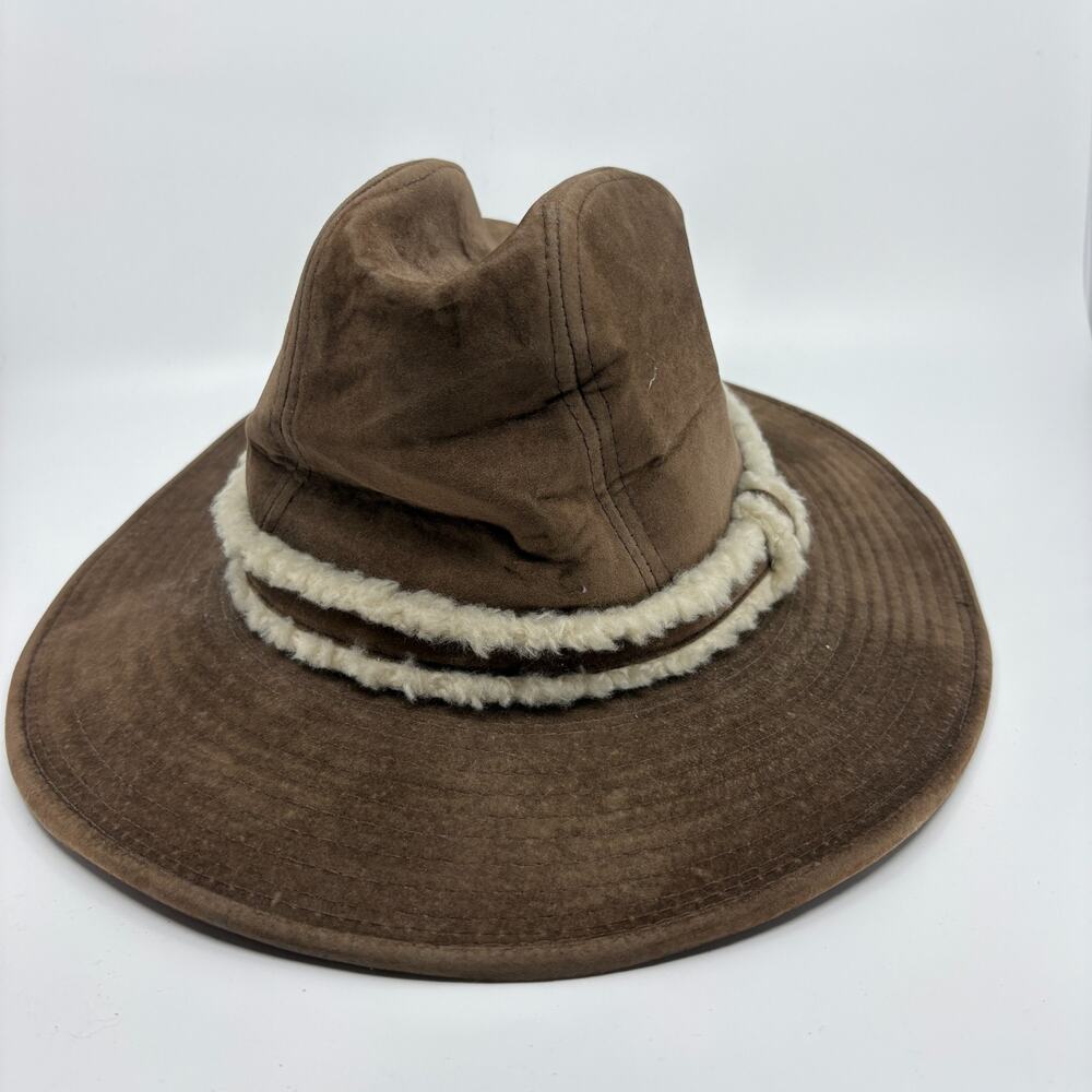 INC International Concepts Brown Wide Brim Hat Faux Shearling Band L XL